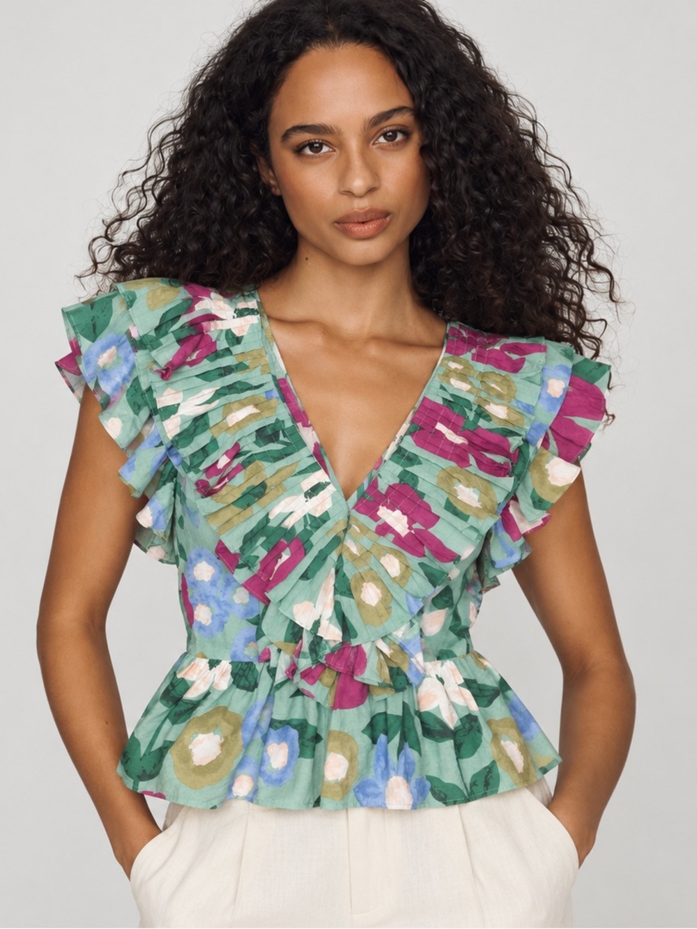 Entro Indigo Falls Floral Peplum Ruffle Top Sage Green Magenta Large NWT